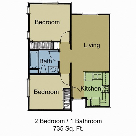 Floor plan for 2 beds, 1 bath, 735 sqft