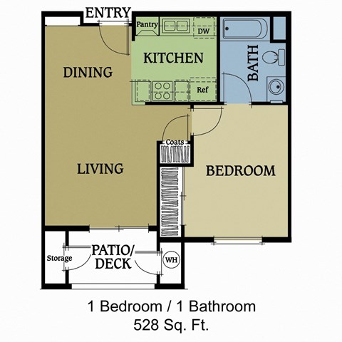 Floor plan for 1 bed, 1 bath, 528 sqft