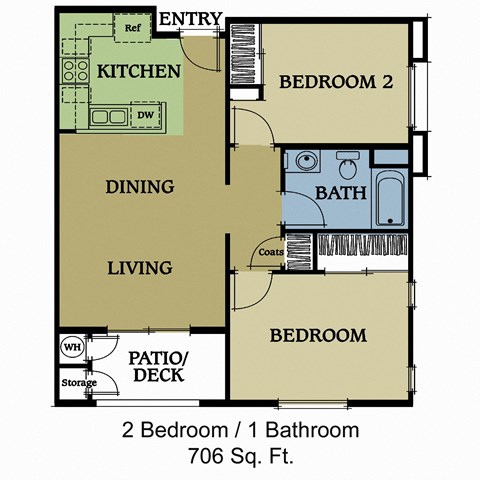 Floor plan for 2 beds, 1 bath, 735 sqft