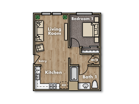 Floor plan for 1 bed, 1 bath, 533 sqft