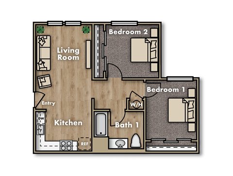 Floor plan for 2 beds, 1 bath, 712 sqft