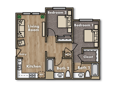 Floor plan for 2 beds, 2 baths, 784 sqft