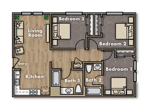 Floor plan for 3 beds, 2 baths, 932 sqft