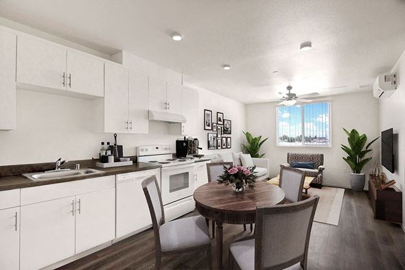 Panorama City apartment for rent - a virtually staged kitchen and dining room with a table and chairs