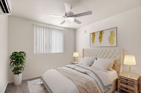 Panorama City apartment for rent - a virtually staged bedroom with a bed and a ceiling fan