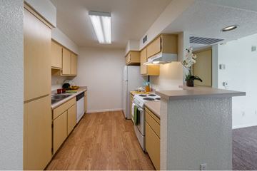 Petaluma apartment for rent - A kitchen with wooden cabinets and a white refrigerator.