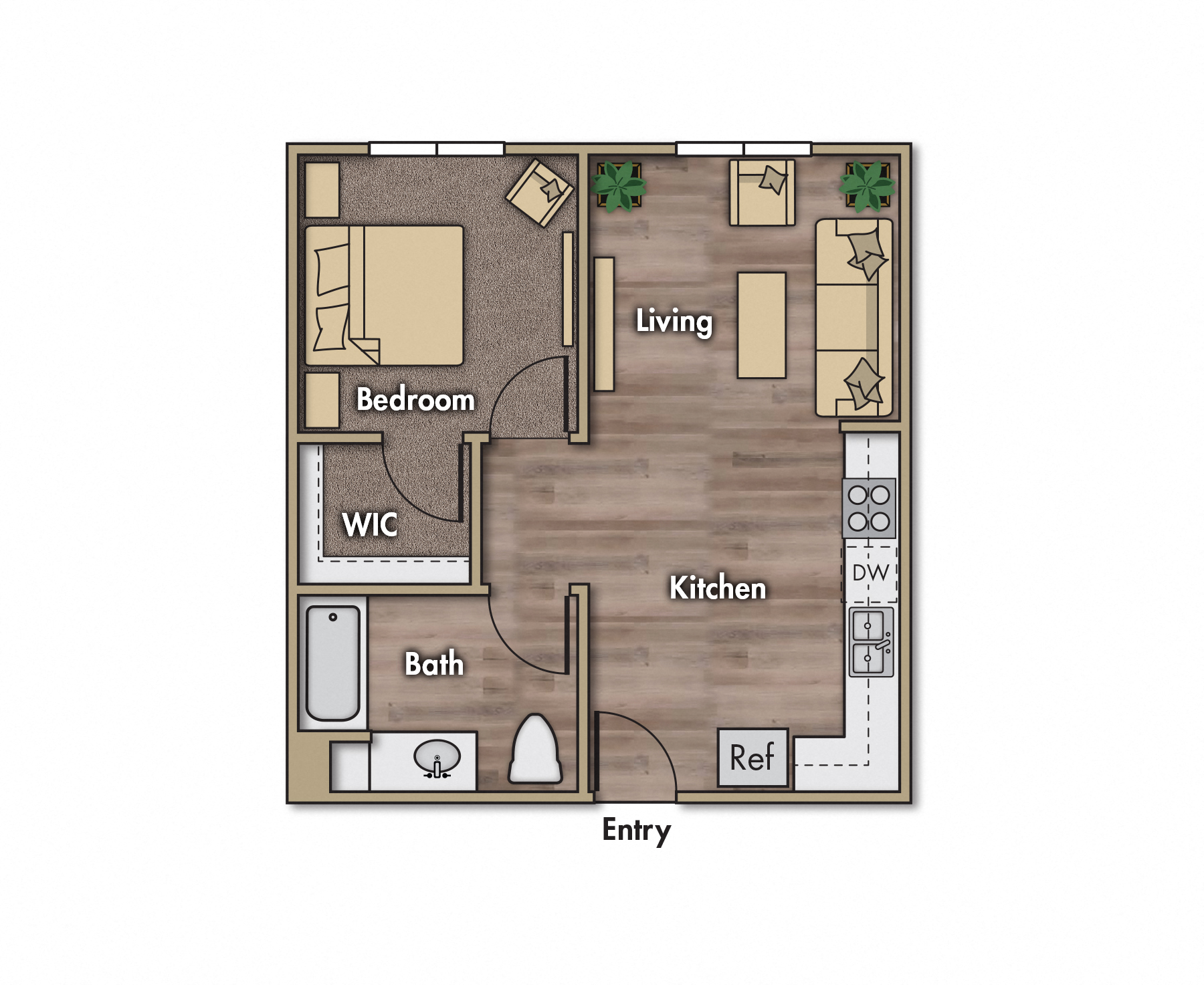 Floor plan for 1 bed, 1 bath, 521 sqft