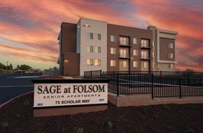 Folsom apartment for rent - a sign in front of Sage at Folsom with a sunset in the background