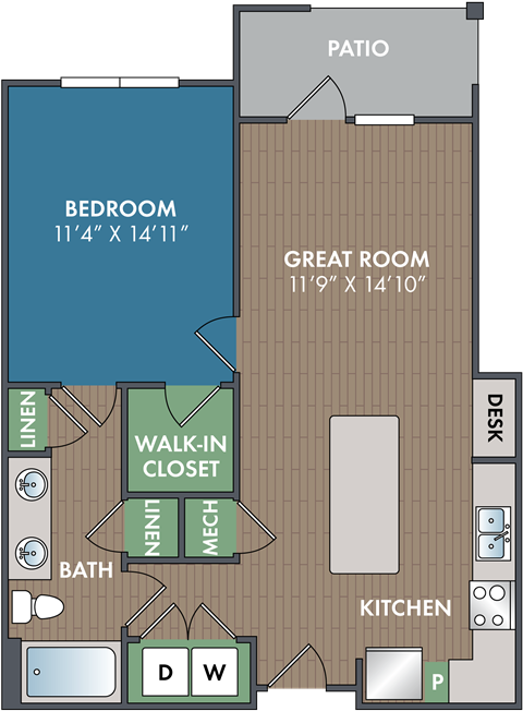 Floor plan for 1 bed, 1 bath, 786 sqft