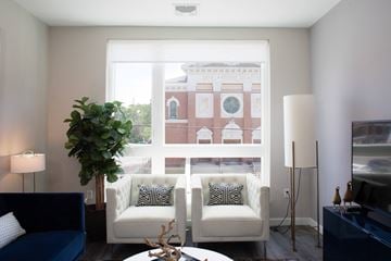 New Haven apartment for rent - A living room with a white couch and a large window.