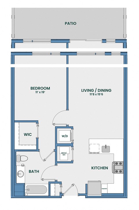 Floor plan for 1 bed, 1 bath, 717 sqft