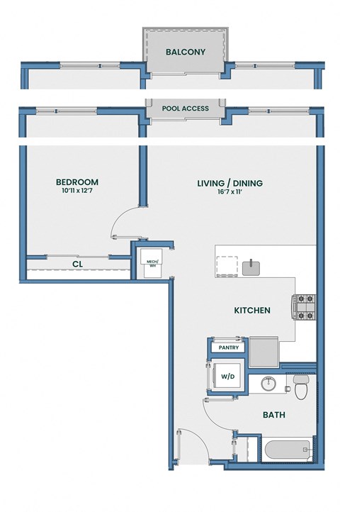Floor plan for 1 bed, 1 bath, 722 sqft