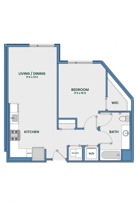 Floor plan for 1 bed, 1 bath, 734 sqft