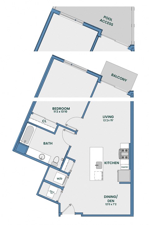 Floor plan for 1 bed, 1 bath, 788 sqft