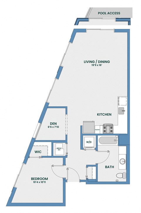 Floor plan for 1 bed, 1 bath, 850 sqft