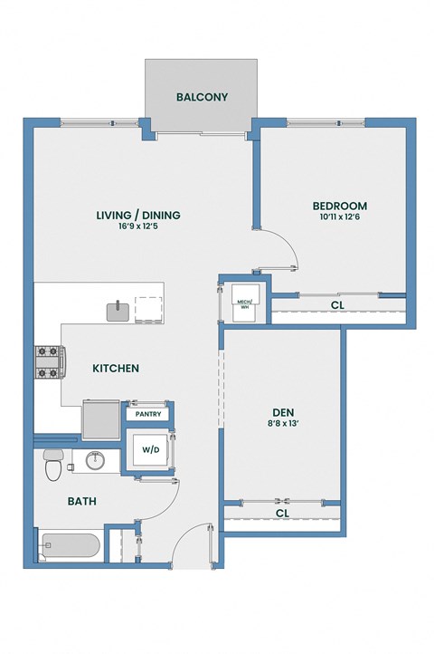 Floor plan for 1 bed, 1 bath, 872 sqft