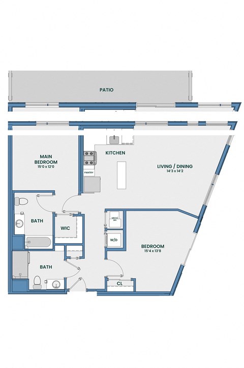 Floor plan for 2 beds, 2 baths, 1055 sqft