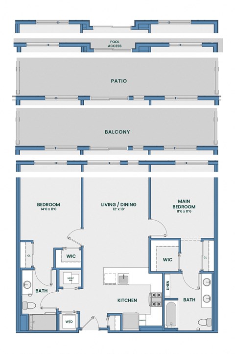 Floor plan for 2 beds, 2 baths, 1084 sqft