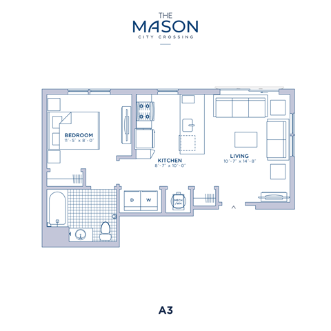 Floor plan for 1 bed, 1 bath, 603 sqft