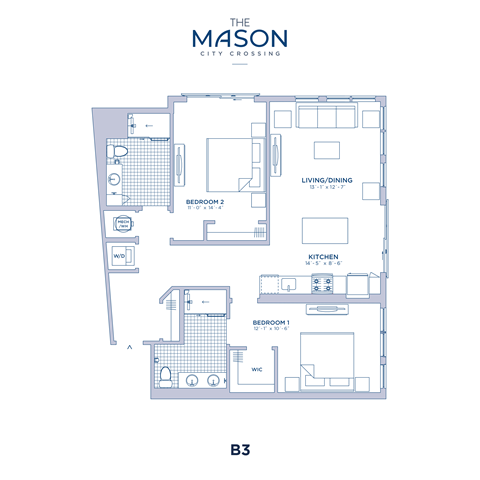 Floor plan for 2 beds, 2 baths, 1148 sqft