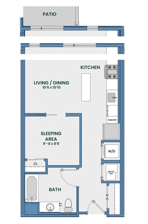 Floor plan for studio, 1 bath, 537 sqft