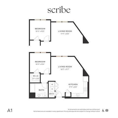 Floor plan for 1 bed, 1 bath, 705 sqft