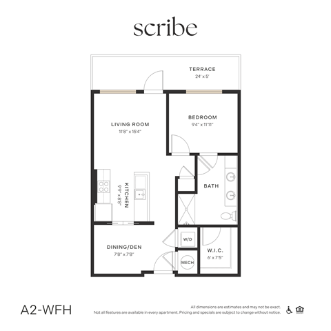Floor plan for 1 bed, 1 bath, 709 sqft