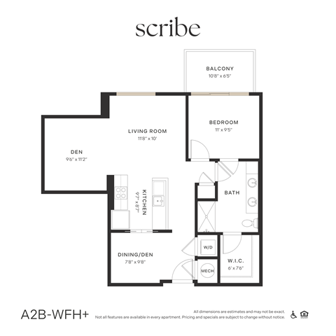 Floor plan for 1 bed, 1 bath, 841 sqft