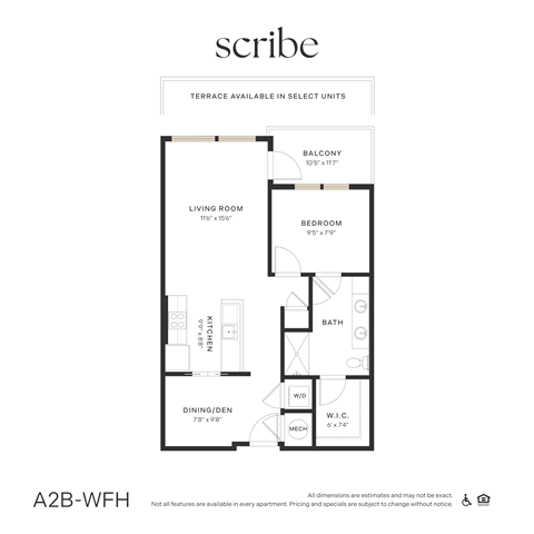 Floor plan for 1 bed, 1 bath, 787 sqft