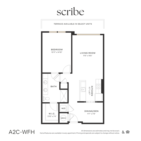 Floor plan for 1 bed, 1 bath, 839 sqft