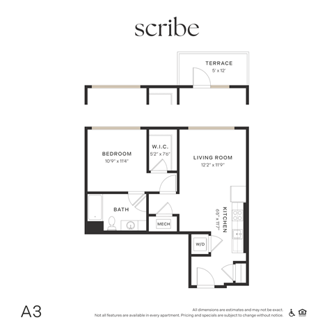 Floor plan for 1 bed, 1 bath, 696 sqft