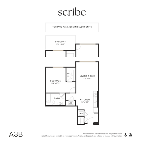Floor plan for 1 bed, 1 bath, 696 sqft