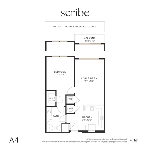 Floor plan for 1 bed, 1 bath, 729 sqft
