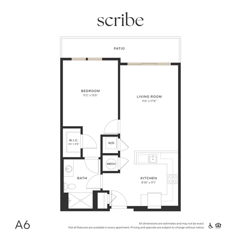 Floor plan for 1 bed, 1 bath, 736 sqft