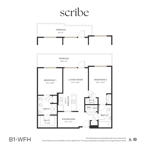 Floor plan for 2 beds, 2 baths, 1061 sqft