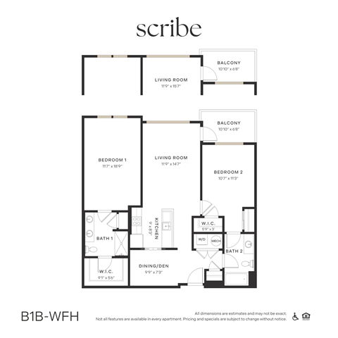 Floor plan for 2 beds, 2 baths, 1203 sqft