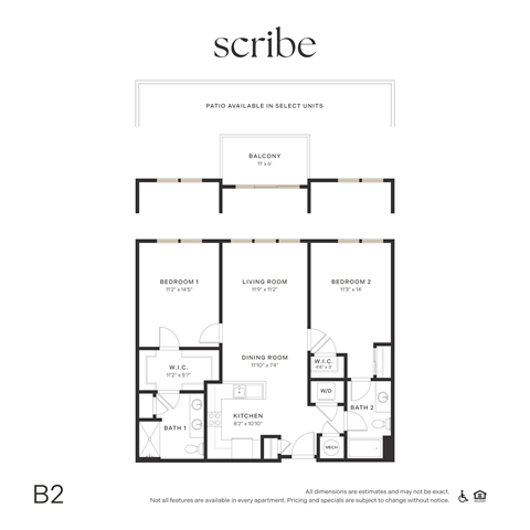 Floor plan for 2 beds, 2 baths, 1102 sqft