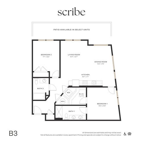 Floor plan for 2 beds, 2 baths, 1136 sqft