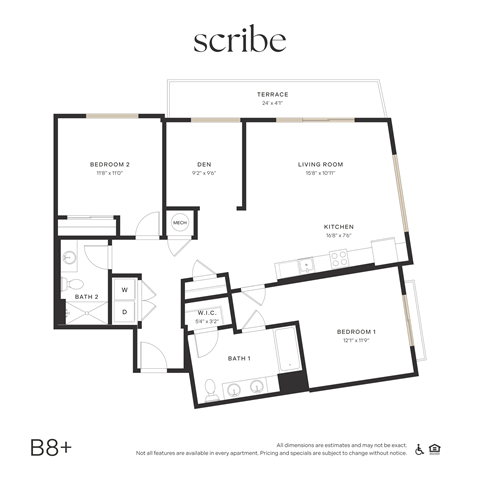 Floor plan for 2 beds, 2 baths, 1181 sqft