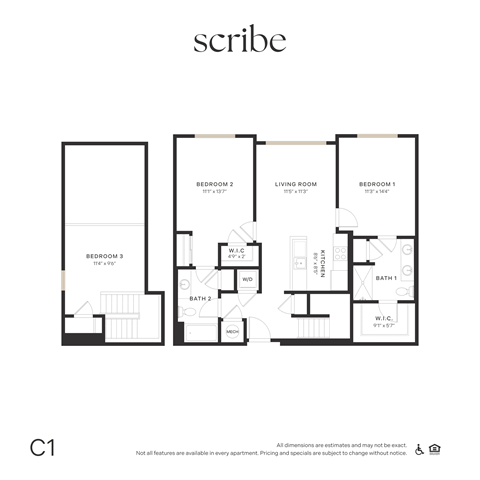 Floor plan for 3 beds, 2 baths, 1283 sqft
