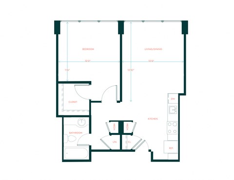 Floor plan for 1 bed, 1 bath, 608 sqft