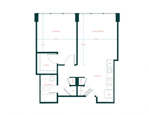 Floor plan for 1 bed, 1 bath, 611 sqft