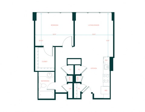Floor plan for 1 bed, 1 bath, 620 sqft
