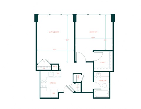 Floor plan for 1 bed, 1 bath, 613 sqft