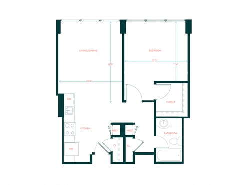 Floor plan for 1 bed, 1 bath, 628 sqft