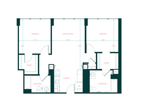 Floor plan for 2 beds, 2 baths, 920 sqft