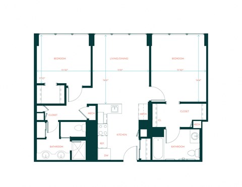 Floor plan for 2 beds, 2 baths, 946 sqft