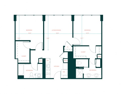 Floor plan for 2 beds, 2 baths, 938 sqft