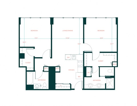 Floor plan for 2 beds, 2 baths, 955 sqft