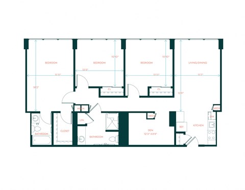 Floor plan for 3 beds, 2 baths, 1269 sqft